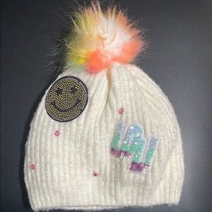 Kids White Beanie with Colorful Pom-Pom